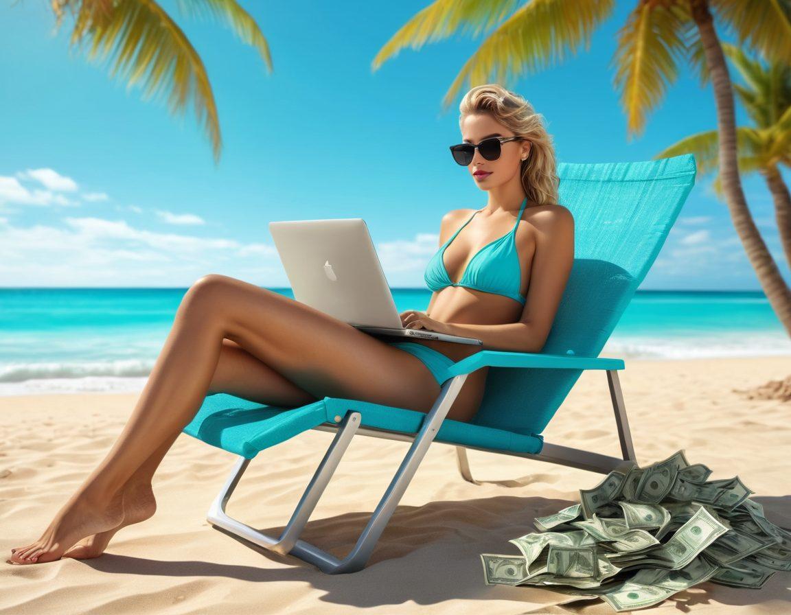 A stylish woman in trendy swimwear lounging on a beach chair with a laptop on her lap, surrounded by dollar bills gently blowing in the wind. The scene should capture a sunny day with turquoise waves in the background, embodying relaxation and financial freedom. Include vibrant beach accessories like sunglasses and a cocktail. super-realistic. vibrant colors. 3D.