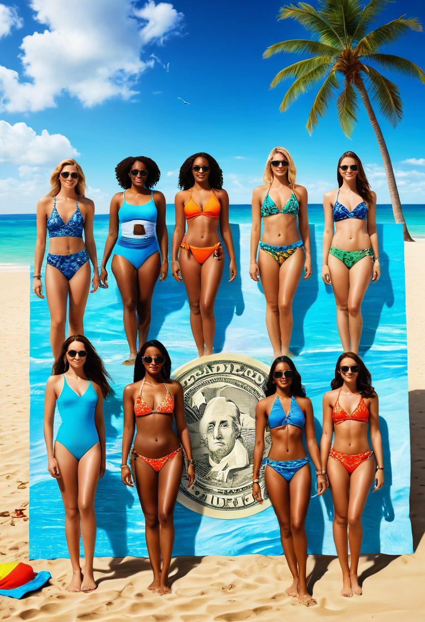 A serene beach scene showcasing diverse individuals wearing vibrant and fashionable swimwear, enjoying summer activities like swimming and sunbathing. Incorporate visuals of financial symbols like coins and dollar bills woven into the sandy beach, representing smart financial strategies. The sky is bright and sunny, with palm trees in the background, adding a tropical vibe. This harmonious blend captures the essence of a stylish, fun, and financially savvy summer. super-realistic. vibrant colors. 3D.